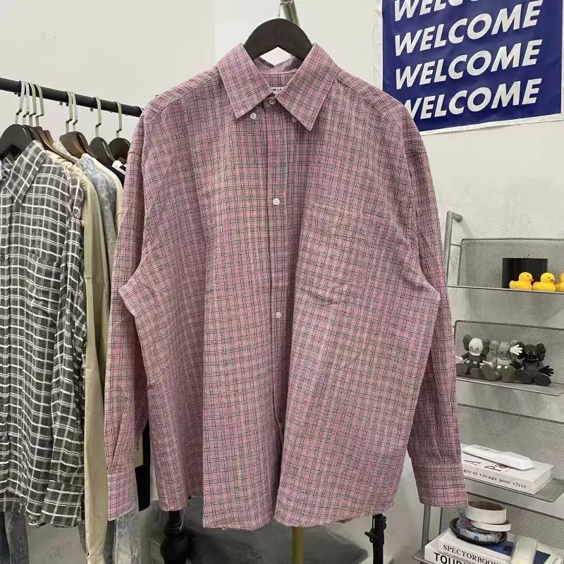 Vintage Style 1:1 OUR LEGACY Lapel Pink Shirt Plaid Loose Mens Womens Shirt Premium Long Sleeve Shirt