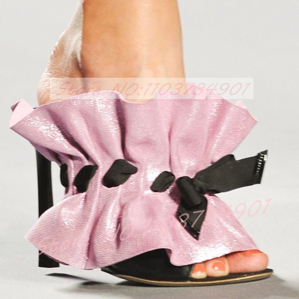 Pink Ruffles Peep Toe Stiletto Mules Women Elegant Black Bow High Heels Mules Ladies Party Evening Events Shoes Size 46