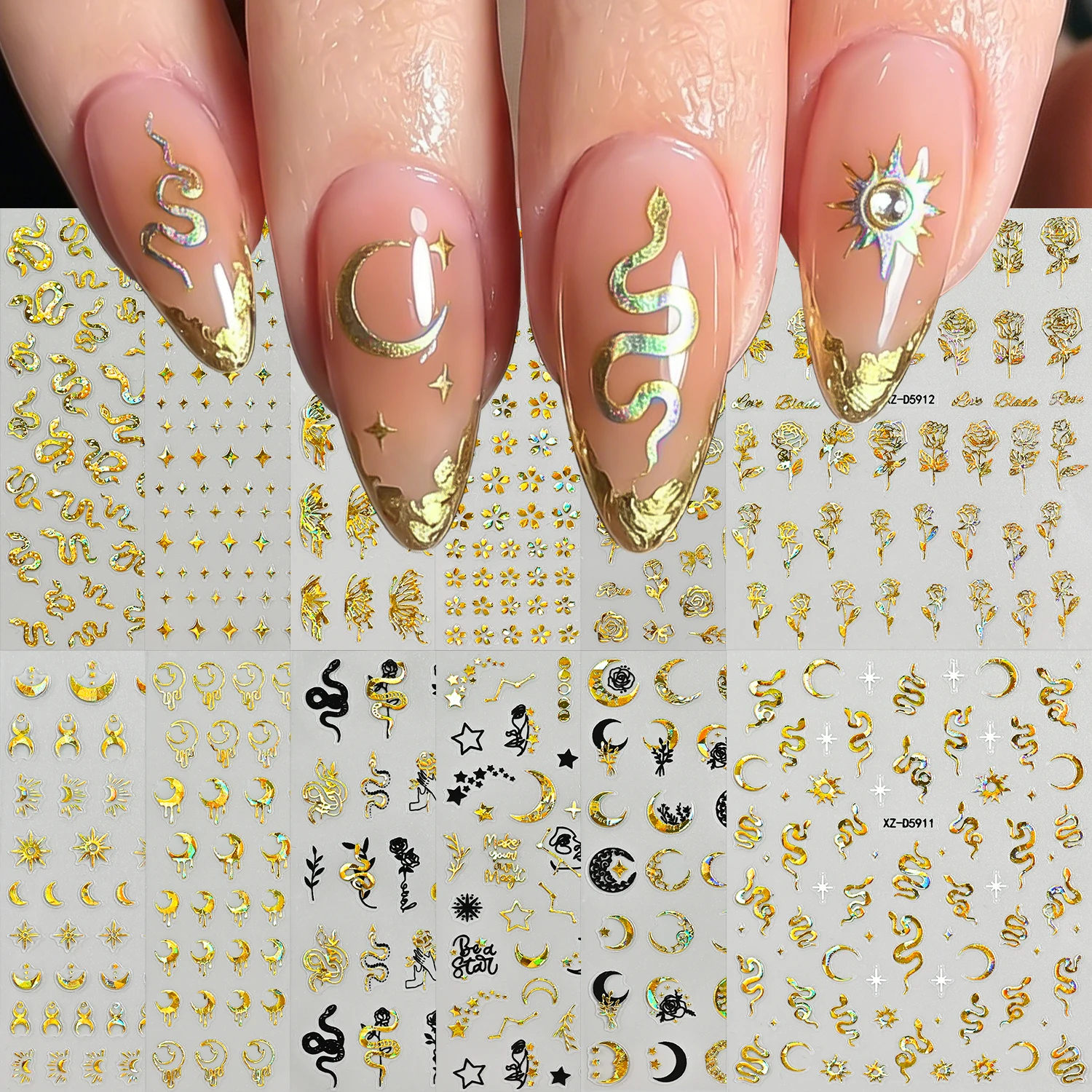 12pcs/set Laser Gold Star Moon Sun Snake Nail Sticker 3D Bohemia Rose Flower Starlight Butterfly Manicure Decals DIY Nail Decora