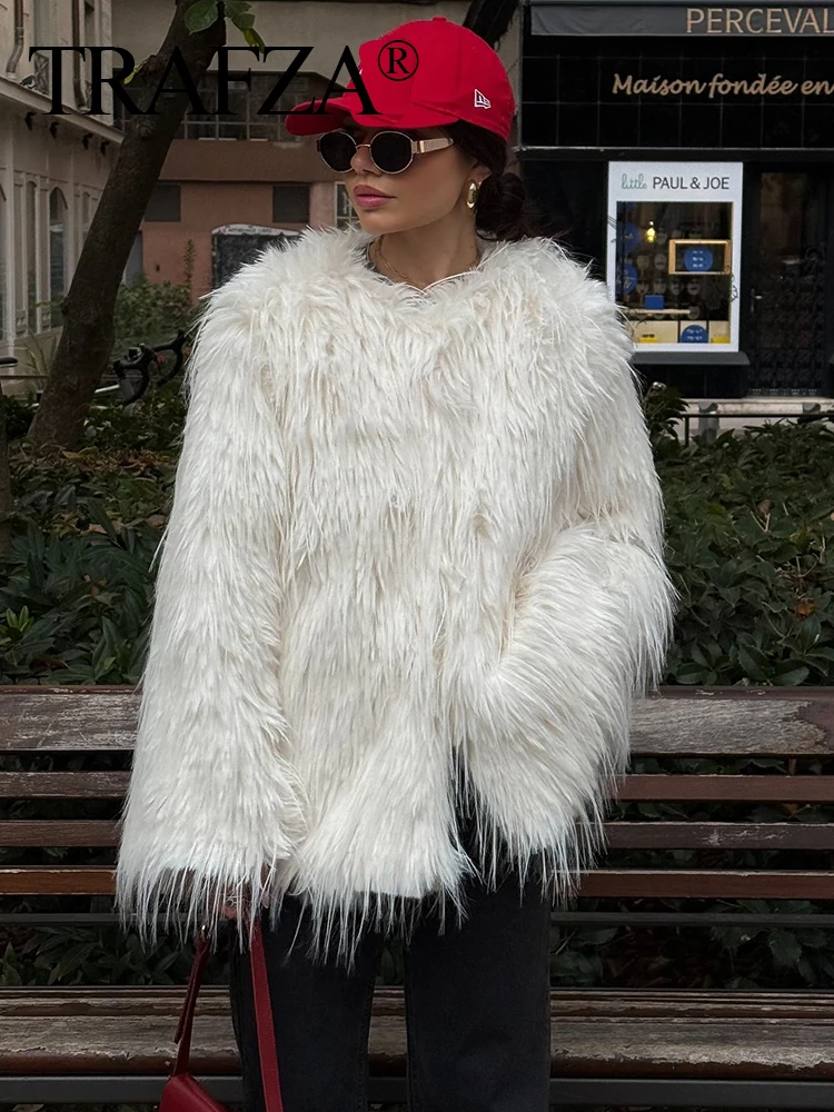 TRAFZA Winter Autumn Women Elegant Faux Fur Coat Round Collar Long Sleeve Thick Warm Jacket Female White Pockets Outerwear Mujer