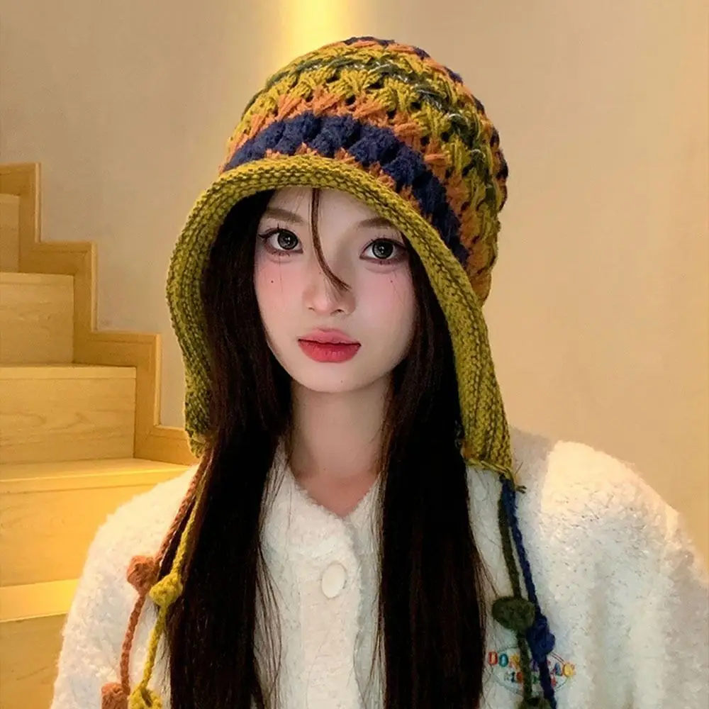 Fashion Rainbow Striped Knitted Woolen Hat Tassel Ethnic Style Ear Protection Cap Windproof Keep Warm Winter Bomber Cap Outdoor