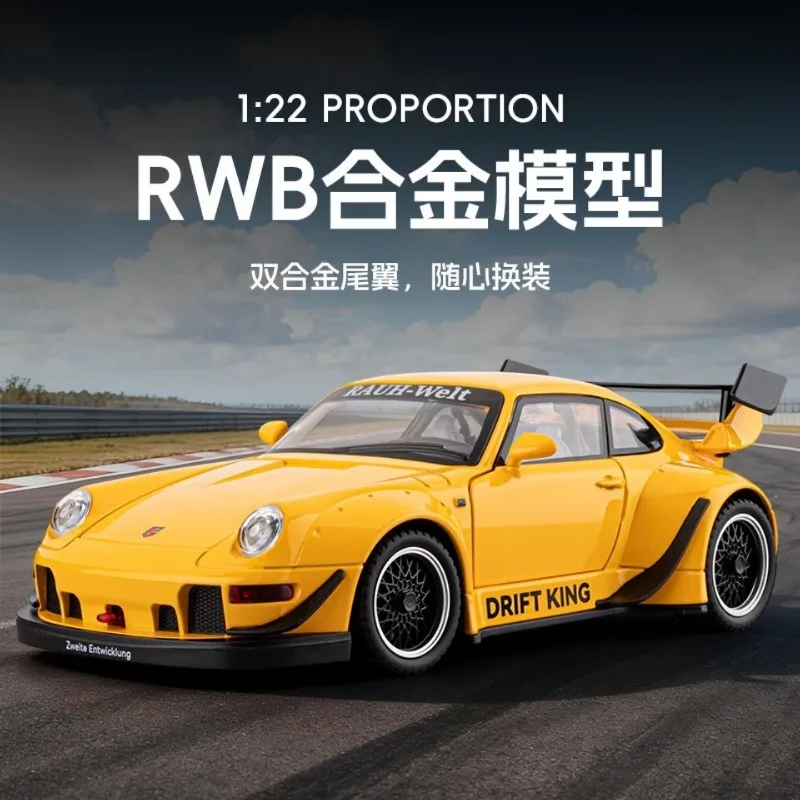 1:22 Scale RWB 993 Diecast Model Car with Light Sound Pull Back Replaceable Rear Wing Collectible Gift for Hobbyists