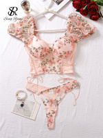 SINGREINY Mesh Sheer Sexy Underwear Suits Lace-Up Puff Sleeves Short Top+Mini Briefs Floral Embroidery Sensual Two Piece Set