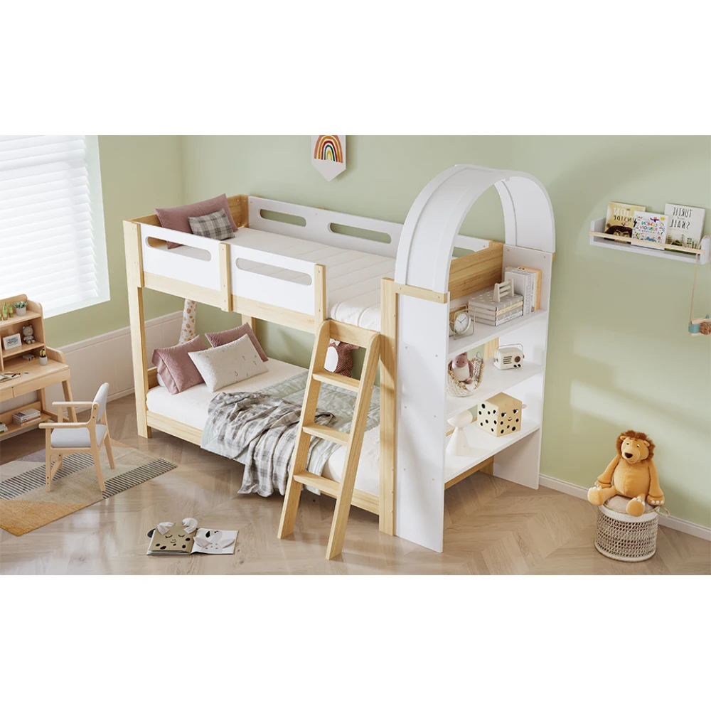 Kinder-Etagenbett mit 3-stufigem Regal, 3-stufiger Leiter und Sicherheitsgitter – stabile Lattenrostkonstruktion, geeignet für Kinderzimmer (ohne Matratze). – Detail 11