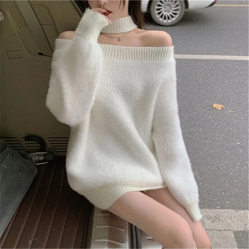 2024Autumn Korean Knitwear Women Sexy Halter Cross Cold Shoulder White Knitted Jumpers Elegant Loose Oversized Sweater Pullovers