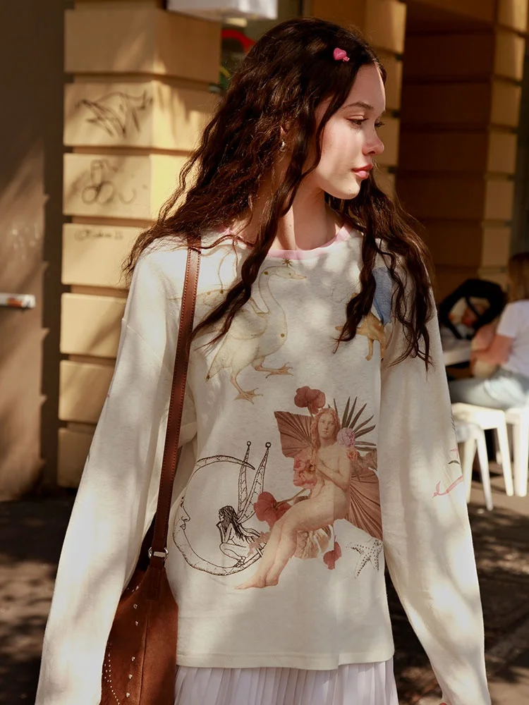 

Женская футболка Raynag Original Narcisse Noir из хлопка с длинным рукавом, летняя, с защитой от УФ-излучения, с принтом, круглым вырезом, свободного кроя, в художественном стиле