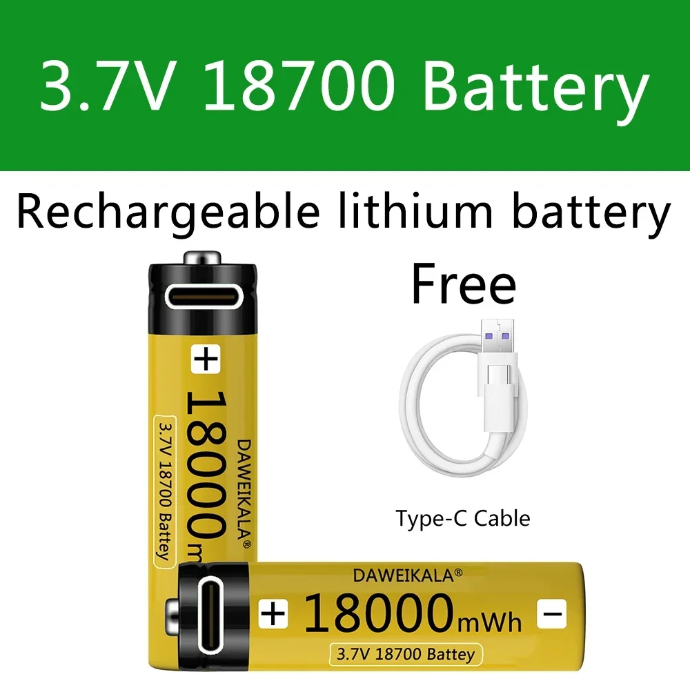 18650 Battery USB Type-C 18700 3.7V 18000mWh USB Rechargeable Li-ion Battery for Flashlight Electric Mobile phone Toy Battery