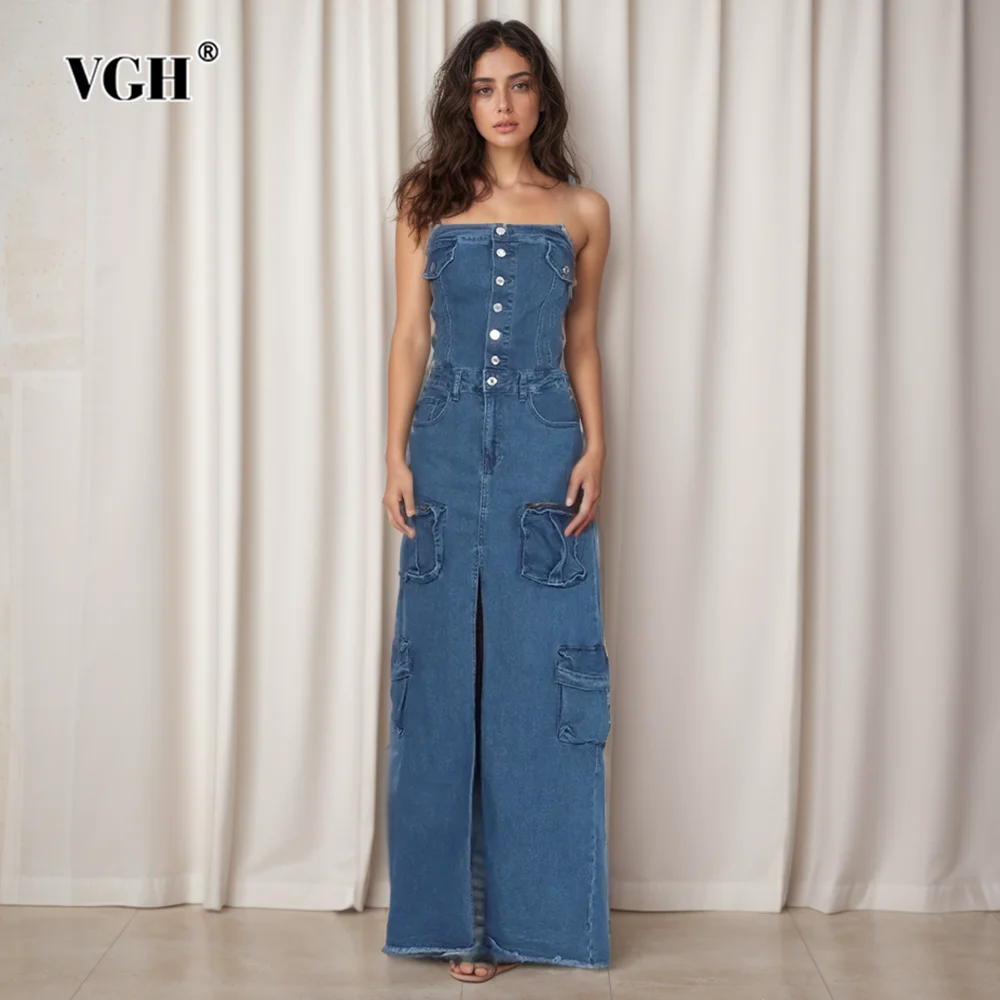 

VGH Streetwear Backless Dresses For Women Strapless Sleeveless High Wiast Spliced Single Breasted Dress Female Fashion Clothing