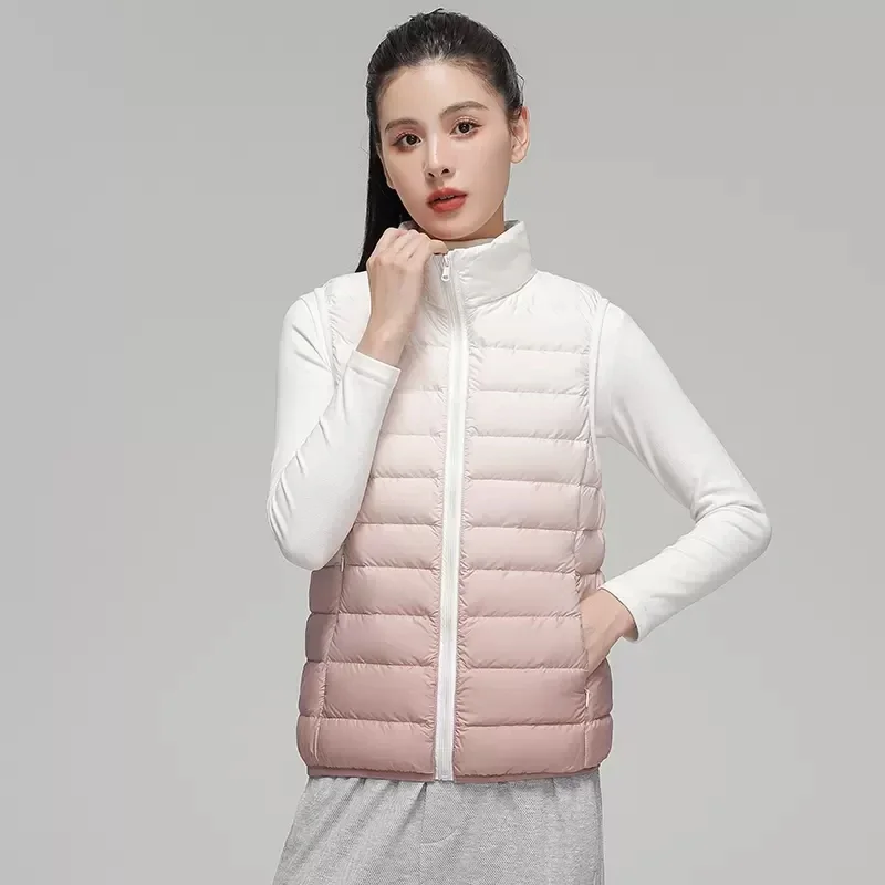 Women Fashion Gradient Ultra Light Down Vest 2022 Spring/Autumn New Female Stand Collar Slim Fit Sleeveless Puffer Jacket