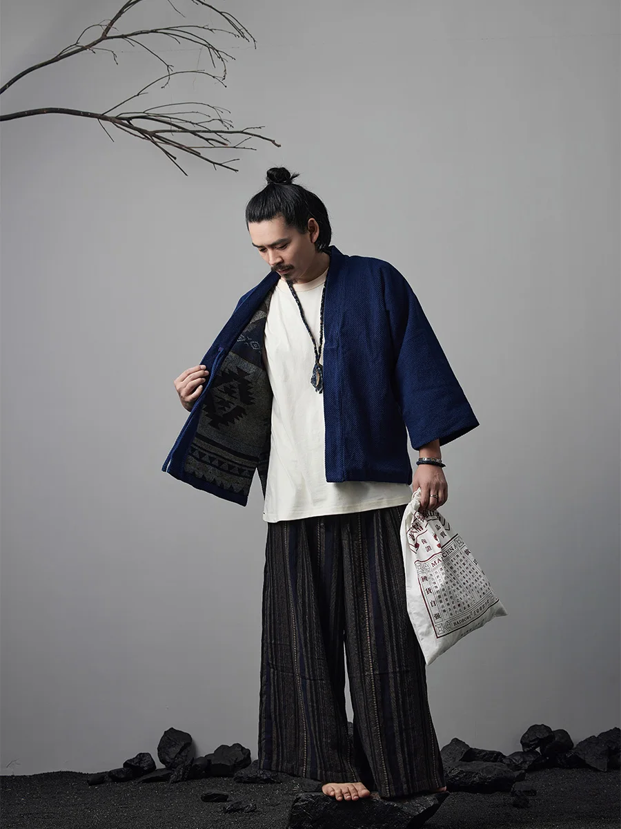Indigo-Dyed Robe Japanese Casual Loose Versatile Shoulder Kimono Retro Three-Quarter Sleeve Shirt Jacket Workwear