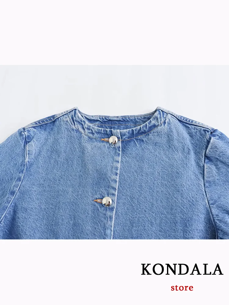 KONDALA Casual Chic Blue Denim Women Jackets Solid O-Neck Long Sleeve Buttoons Autumn Coat Fashion 2023 Autumn Streetwear Jacket