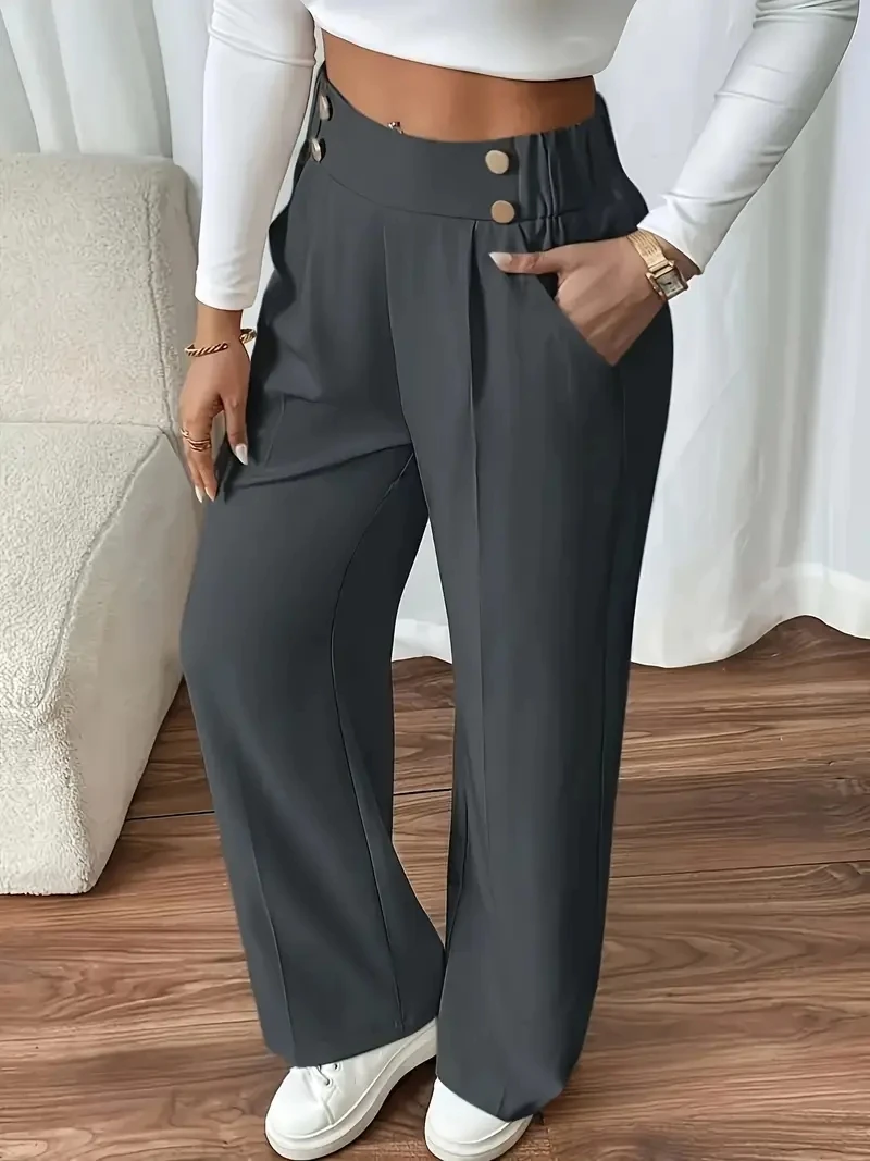 Pantalones de oficina elegantes de pierna recta de cintura alta para mujer de talla grande: color gris claro sólido con hebilla decorativa, pantalones casuales