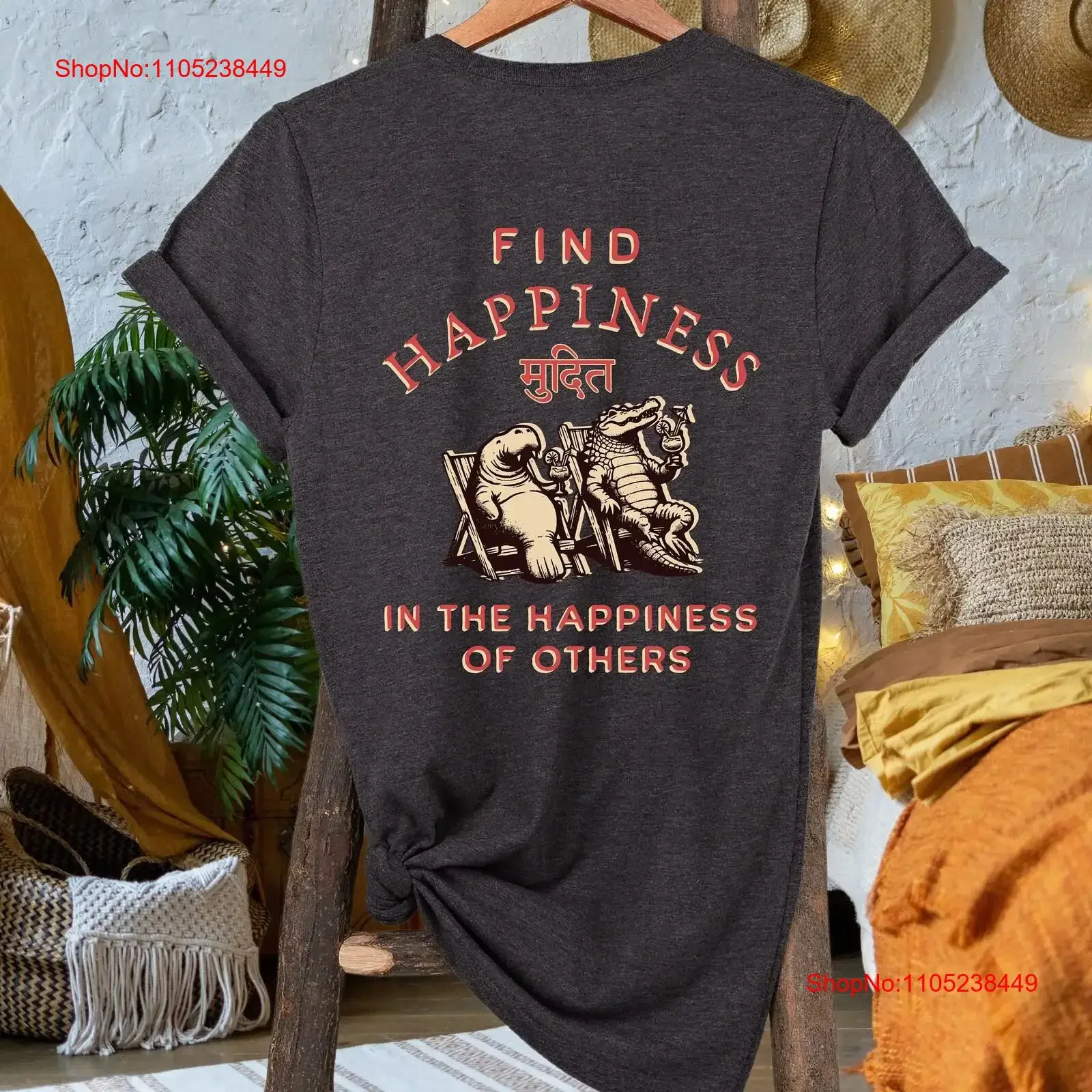 Happiness T Shirt Buddhism Sanskrit Mudita Meditation Dharma Sympathetic Joy Front and Back vintage Washed designer clothes