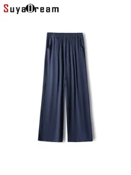 SuyaDream, Solid Pants For Woman, 100%Real Silk, Elastic Waist, Straight Long Pants, 2024 Spring Summer Trousers, Navy, Ginger