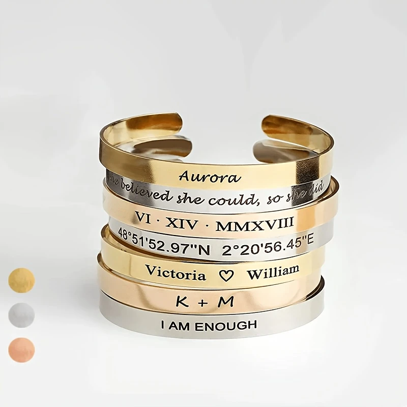 Engraved Stainless Steel C-Shaped Cuff Bracelet, Adjustable Personalized Jewelry Accessory,Great Birthday Christmas Gift for Her