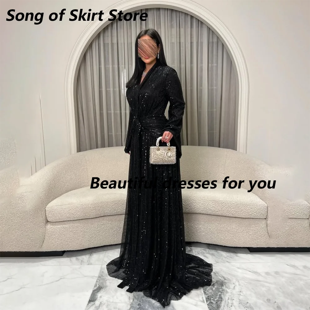 Luxury Beading Sequins Evening Dress Customized V-Neck Long Sleeves Pleat A Line Floor Length Black Formal Party Dresses image 4