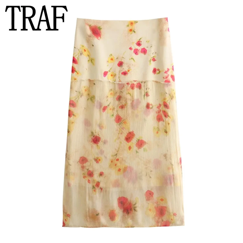 

TRAF Floral Midi Skirt Woman Semi Transparent Slit Skirt Y2k Vintage Summer Long Skirt Women Ruched Mid-Waist Elegant Skirts