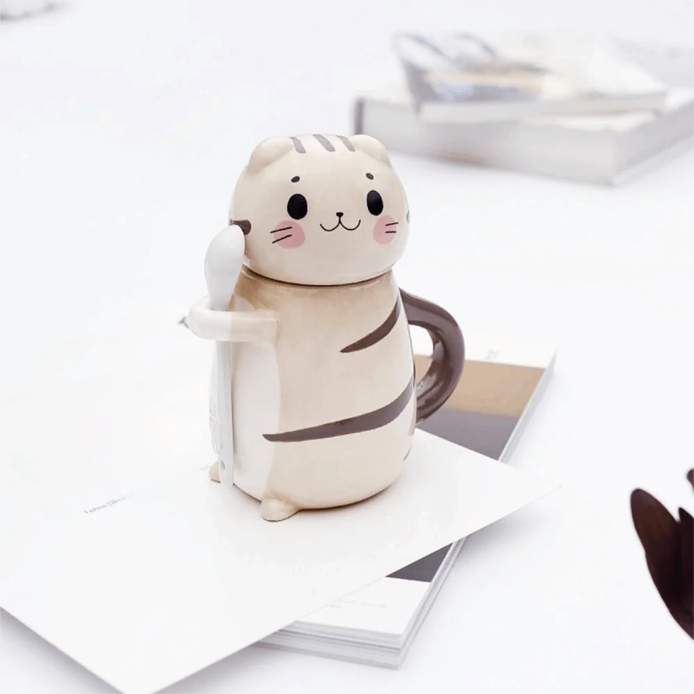 Creative With Spoon Cat Coffee Mug Capped Mug Ceramic Hand Painted Mug Exquisite Cartoon Coffee Pots Coffee Drinking