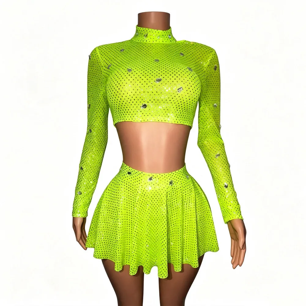 Women Sequin Crystal Crop Top Mini Skirt Set Fluorescent Green Nightclub Disco Birthday Party 2 Piece Dancer Team Stage Costume