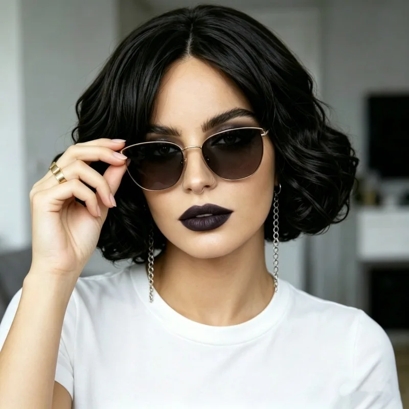 Fashionable Black Medium-Parted Short Curly Hair Girl Wig Personalized Outdoor Party Cosplay Simulation Synthetic Wig