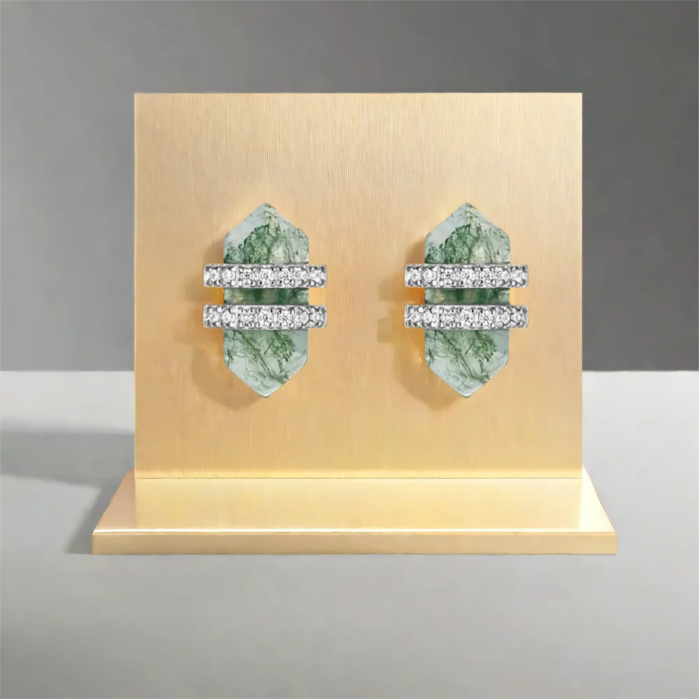 

Fashionable Hexagon Cut Moss Agate Stud Earrings Inserted Natural Gemstone Push Back Earring Studs for Unisex Party Wedding
