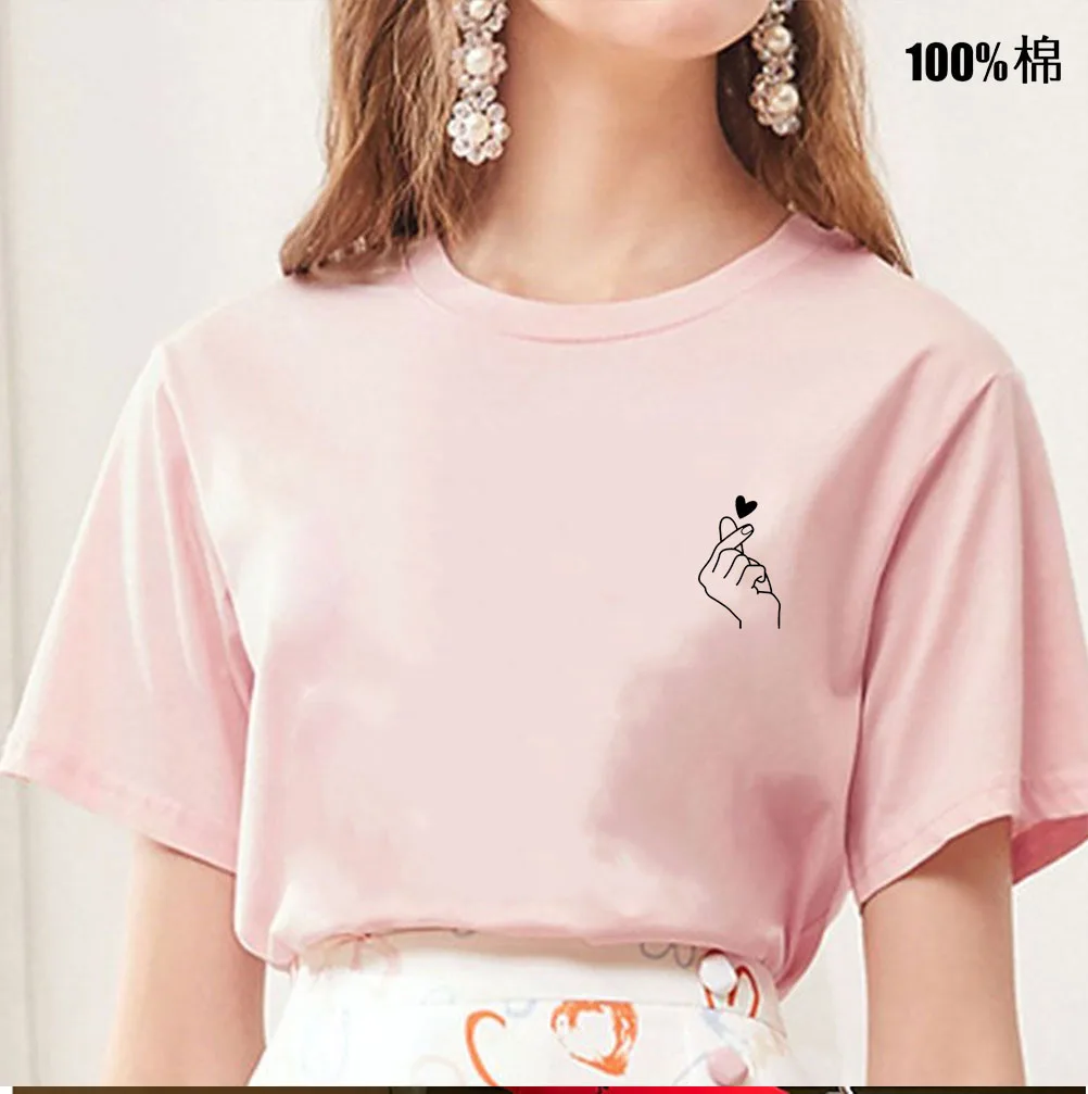 13 Colors Finger Heart pocket Print T Shirt Women Short Sleeve O Neck Loose Tshirt Summer Women tee Tops Clothes Camisetas Mujer