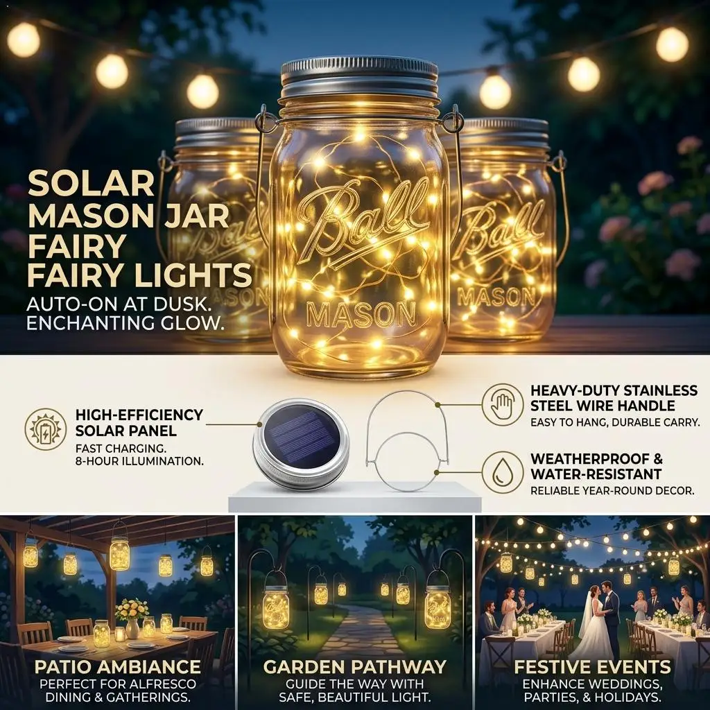 20 LED Solar Mason Jar Lights Waterproof Fairy Firefly Jar Lid with Handles for Patio Garden Wedding Decoration (No Jars Include