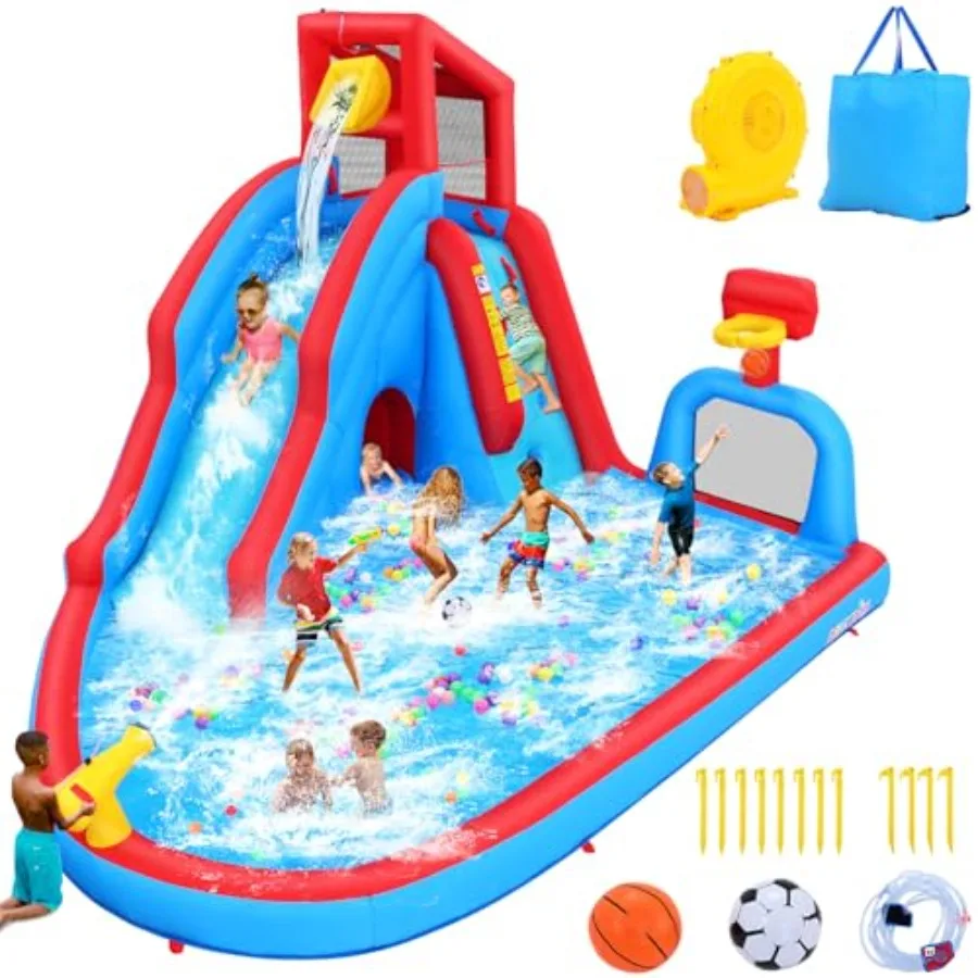 Backyard inflatable water slide for kids: PVC blue and yellow 14.2 ft 9-in-1 set with pool slide soccer field dump bucket obsta