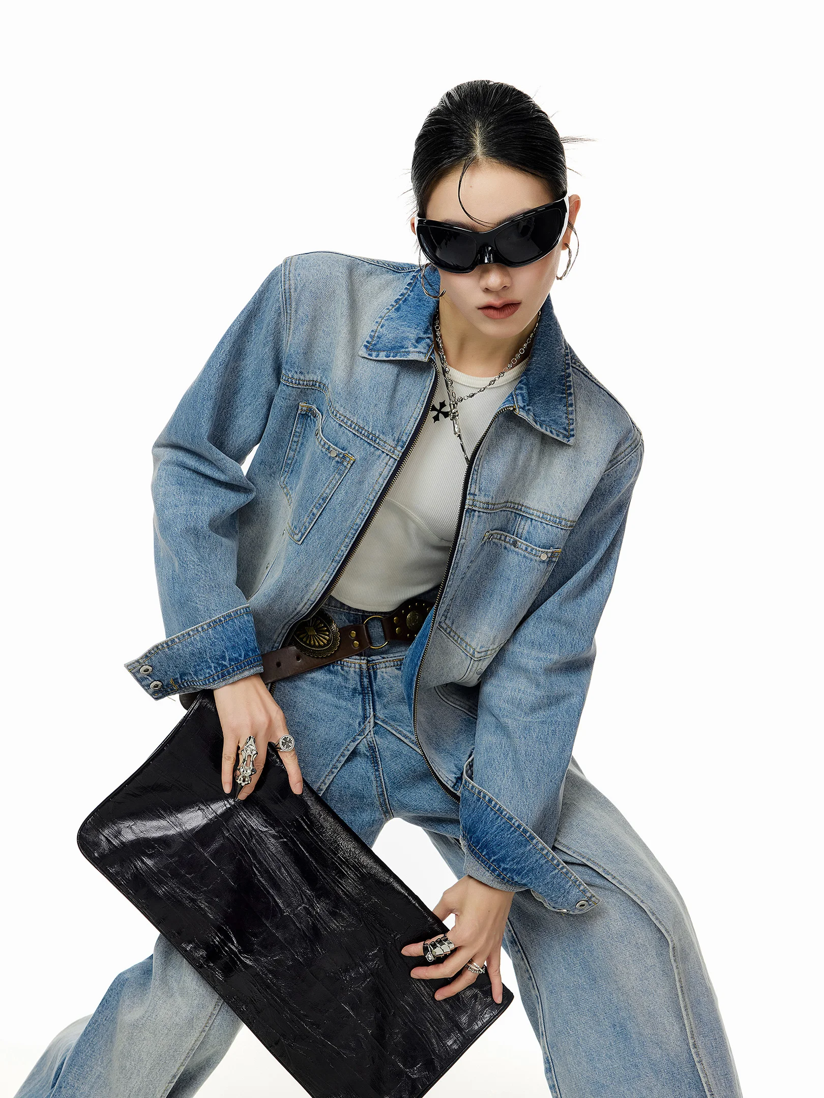 

Ich Mode American Retro Rivet Denim Jaet Women Casual Collar Workwear Jaet Top Cotton Polyester Blend Straight Fit
