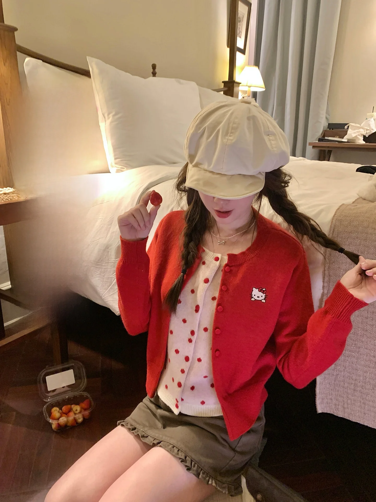 

Кардиган PtonUmi с красным принтом в горошек, круглый вырез, весенняя новинка, женский, свободный крой, с длинными рукавами, повседневный, милый, для ежедневной носки