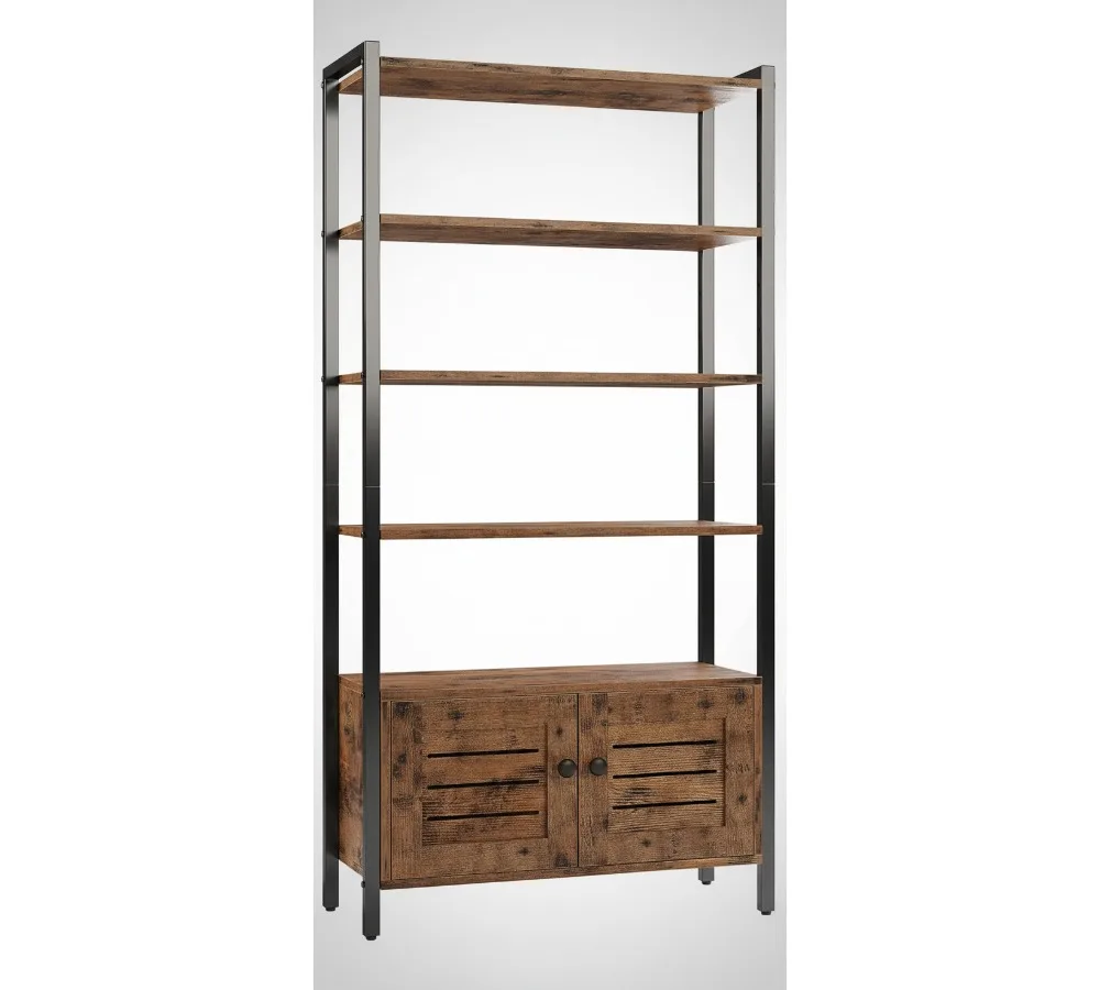 

Vintage Brown Bookshelf with Doors, 4 Adjustable Shelves, Rolling Cabinet for Living Room, Office, Bedroom Storage