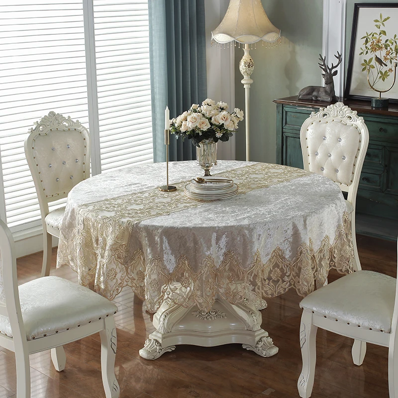 Round Table Cloth Golden Velvet Silver Table Cloth Table Cover Dining Table Cloths Home Embroidery Lace House Towel Dust Cover