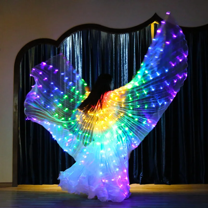 Buikdans Led Isis Wings Butterfly Fairy Wing Kleurrijke Glow Kostuum Carnaval Party Halloween Jurk Uptelescopische Stokken En Tas