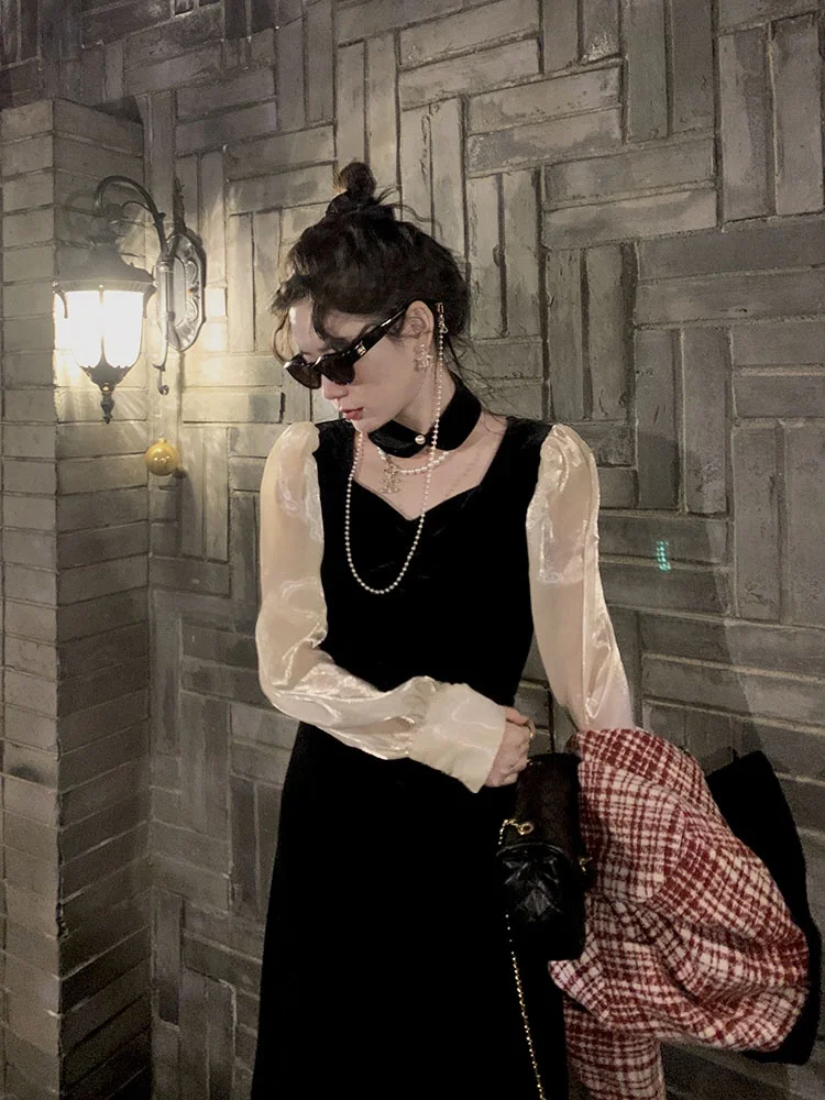 

Винтажное платье Bla Splice Dr Retro Godd с эффектом ретро, с высокой талией, длинными рукавами, средней длины, А-силуэта, для молодых женщин