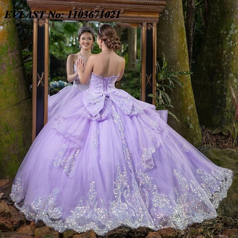 

EVLAST Mexico Lilac Quinceanera Dress Ball Gown 3D Floral Applique Beading Tiered With Bow Sweet 16 Vestidos De XV 15 Anos SQ133