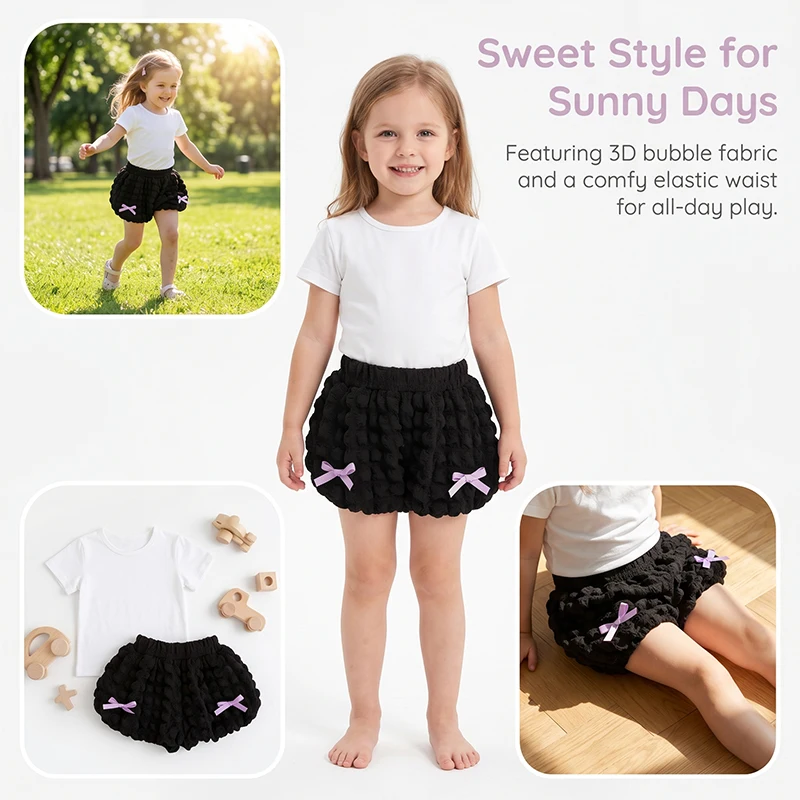 2-6Y Children Girls Bubble Bloomers Shorts Summer Sweet Textured Puffy Ruffle Pants Korean Bow Shorts With Photography