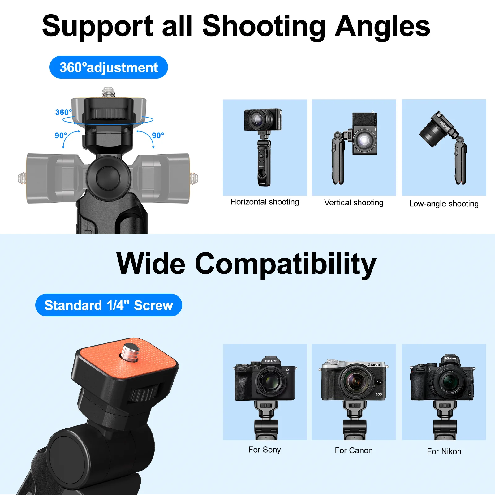 حامل ثلاثي القوائم بمقبض كاميرا بلوتوث KingMa + جهاز تحكم عن بعد قابل للفصل - مثبت Selfie/Vlog لهاتف Sony ZV-E10 Canon R5 Nikon Z30 Fujifilm XT5