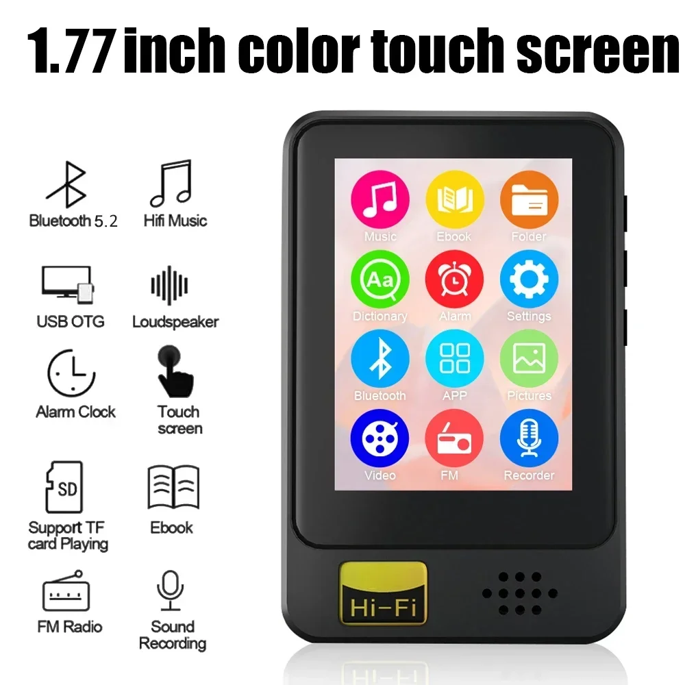 1.8 Inch Full Screen MP3 Portable Bluetooth 5.2 Walkman with E-book/FM Radio/recording Function Music Player Built-in Speaker