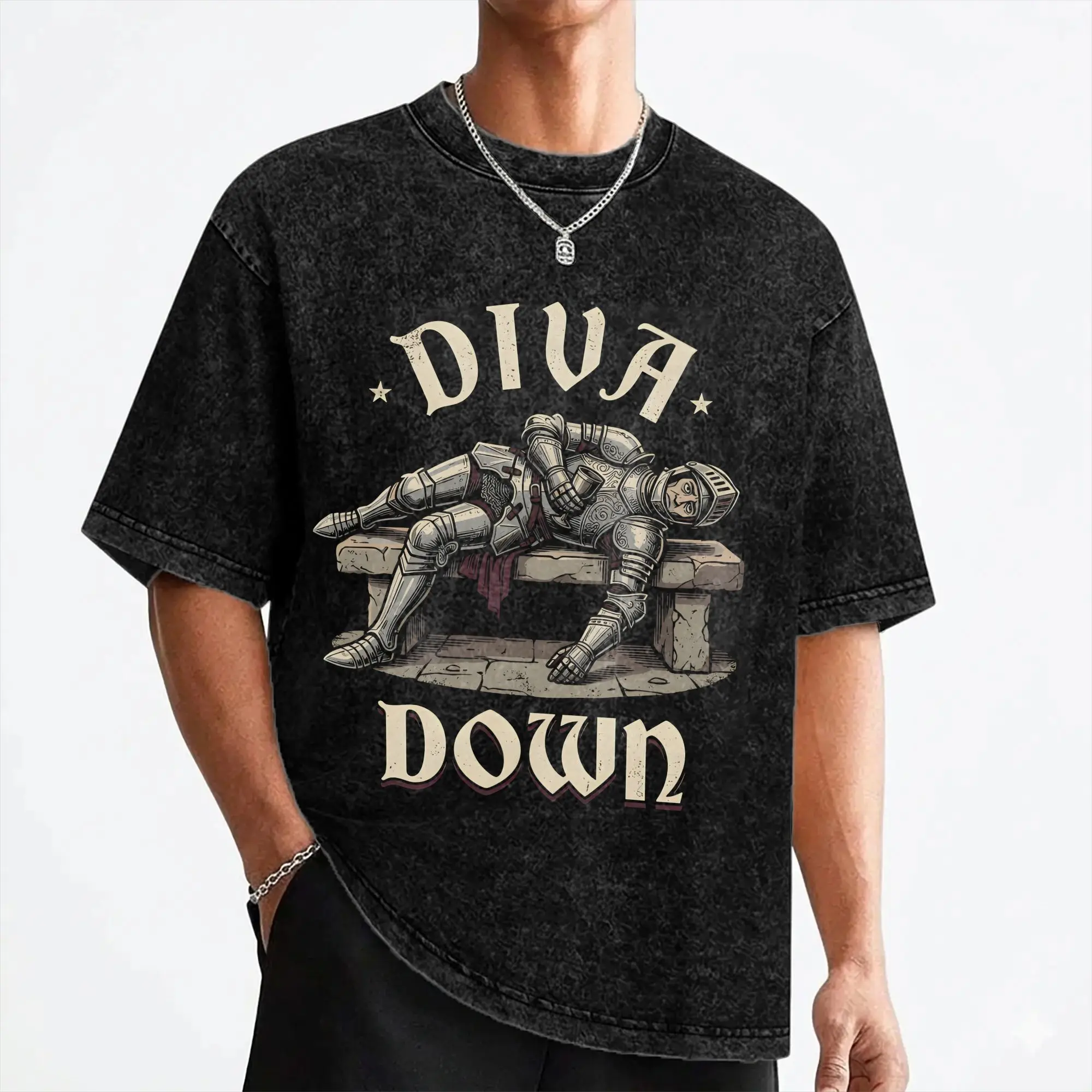 Diva Down Tired Medieval Knight Funny T Shirt Hip Hop Washed Short Sleeve Oversize T-Shirts  for Men Women Tops Streetwear Tees