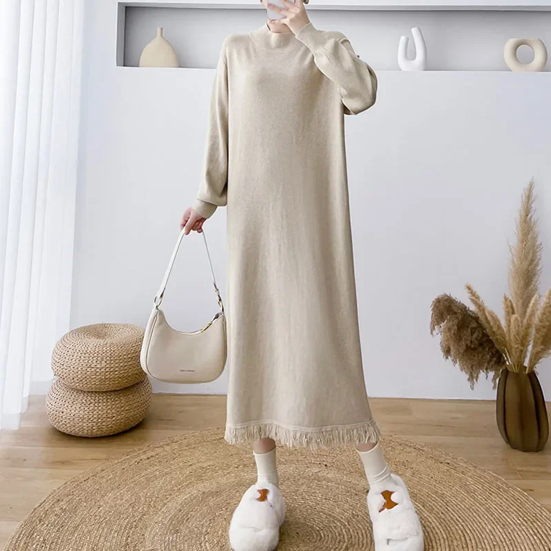 فساتين للنساء جديدة بأكمام طويلة ورقبة وهمية فستان نسائي أسود محبوك بشراشيب فستان مستقيم للنساء Vestidos De Verano Mujer Q1568 #1