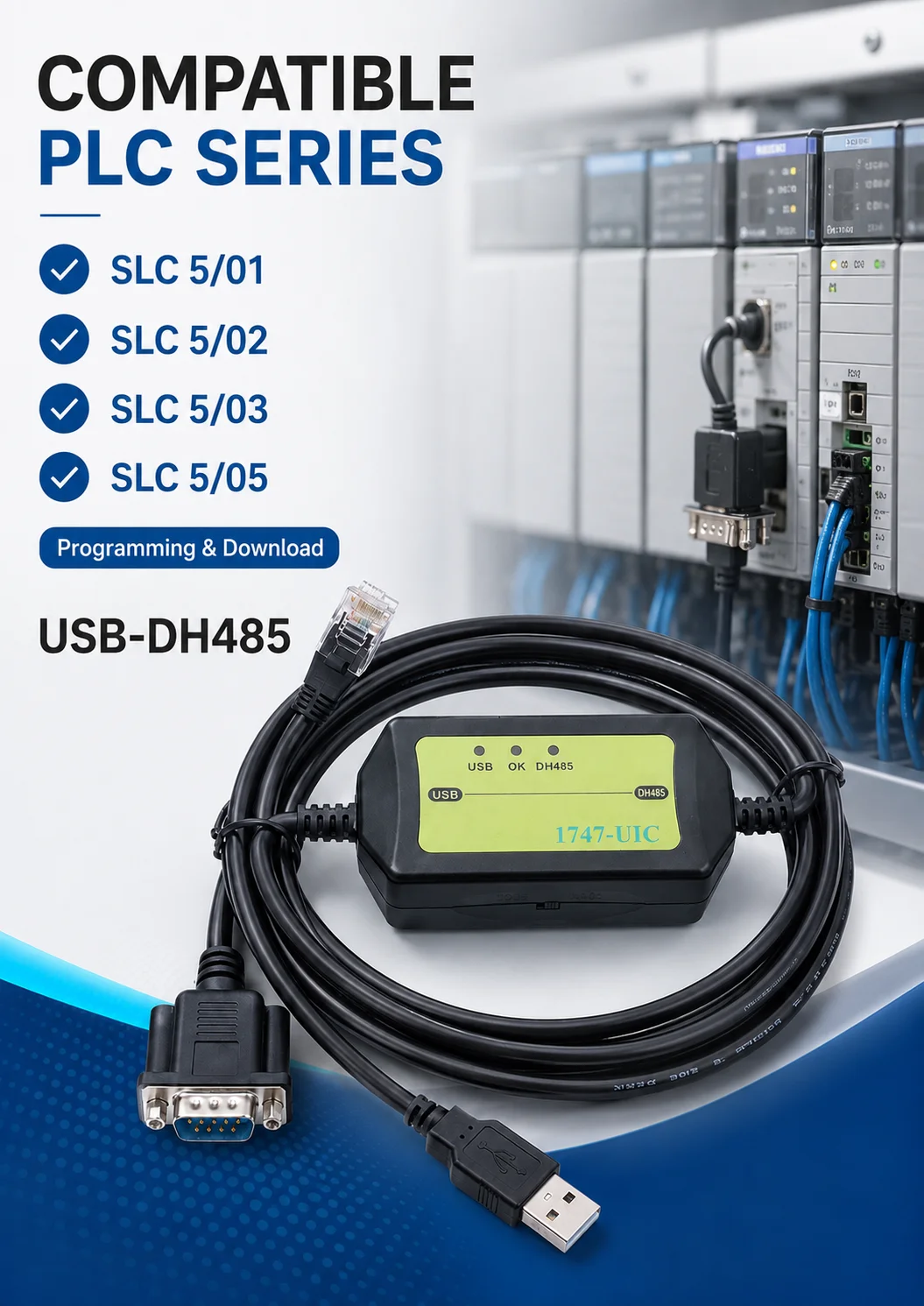 1747-UIC USB to DH485 PLC Programming Cable for AB SLC 5/01 5/02 5/03 5/05, Data Download Communication Cable, 3M