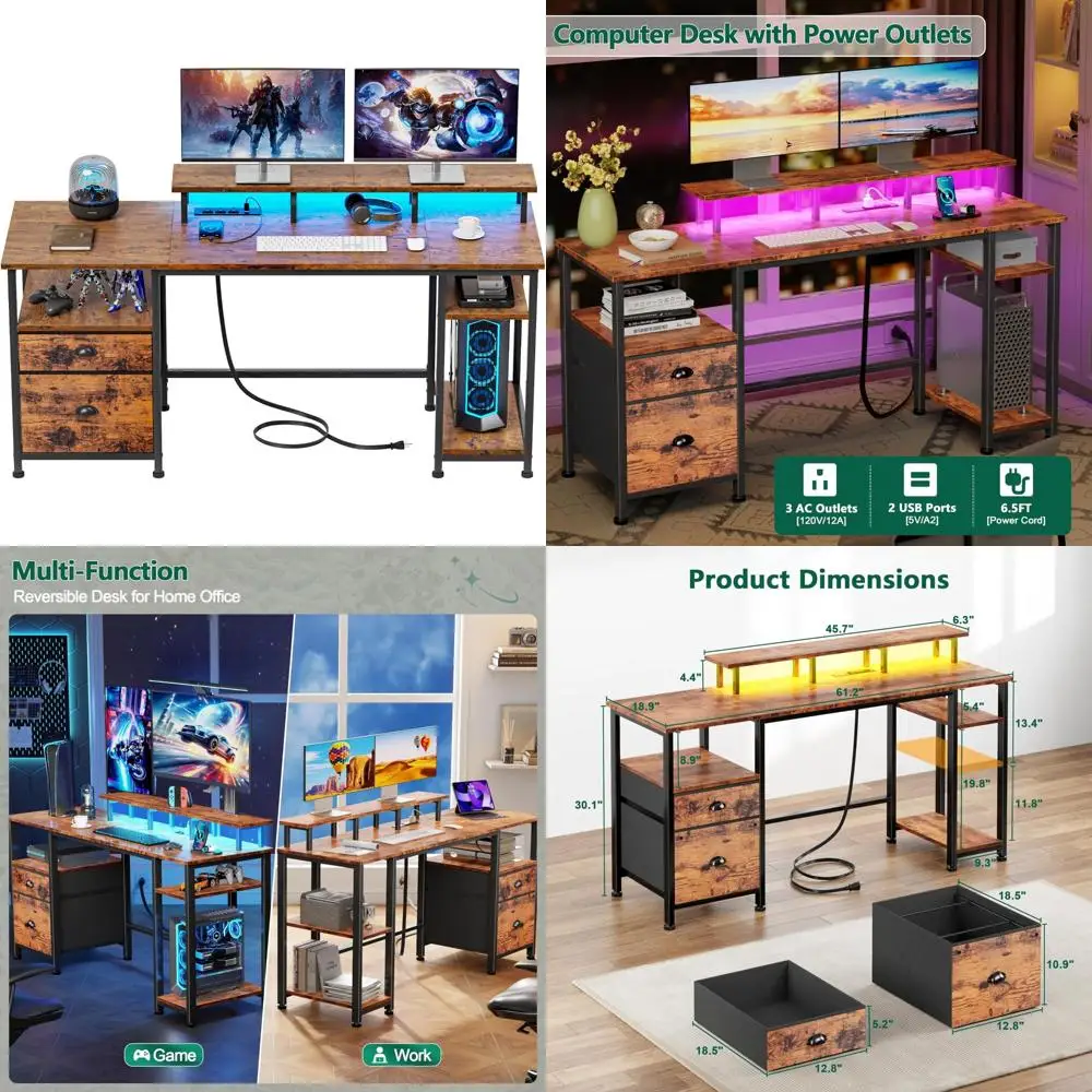 

Large Reversible Computer Desk with Fabric Drawer and LED Lights, Includes Power Outlet