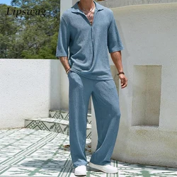 2024 Primavera Estate Casual Camicie e pantaloni in cotone Abiti da uomo Vintage Mezza manica Cardigan irregolare Set da due pezzi Abiti da uomo