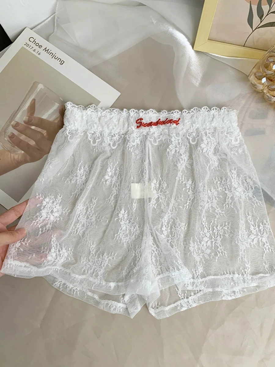 

White Letter Embroidery Lace Se orts Women's Bot Layer Pants Spring Hollow Hook Flower ort Pants Casual Wear