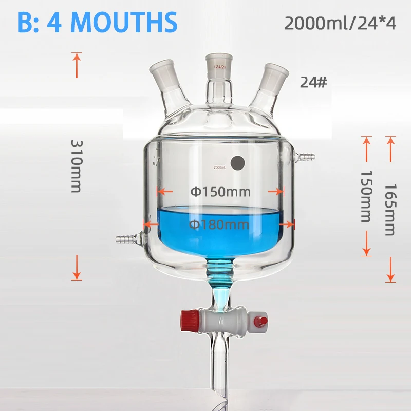 Double-layer jacketed reactor tetrafluoro piston, three/four-neck flask borosilicate glass 250 500 1000 2000mL