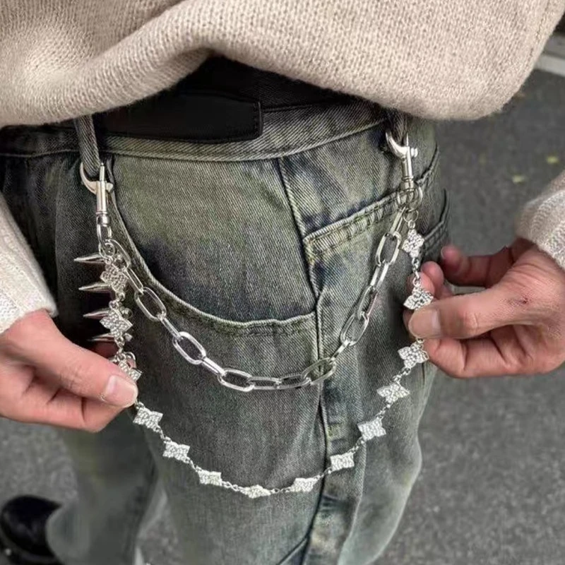 silveWaist Chain Double Layer Metal Four Leaf Clover Cleanfit American Style Decorative Pendant For Jeans Suit Pants Accessories