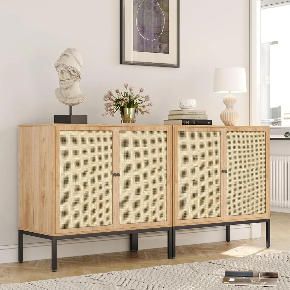 Set of 2 Sideboard Cabinet with Natural Rattan Decorated Doors, 63