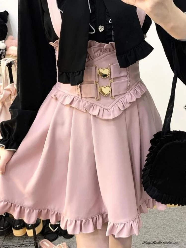 اليابانية الحلو جميل لوليتا منقوشة الحمالة تنورة المرأة خمر الدانتيل تقليم تصميم تنورة صغيرة Harajuku شيك ألف خط Kawaii وتتسابق #4