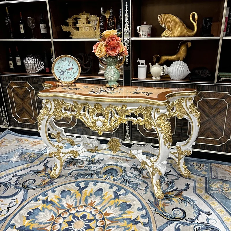 French entrance table, European solid wood carving flower decoration table, palace luxury villa shell wood leather entrance tabl