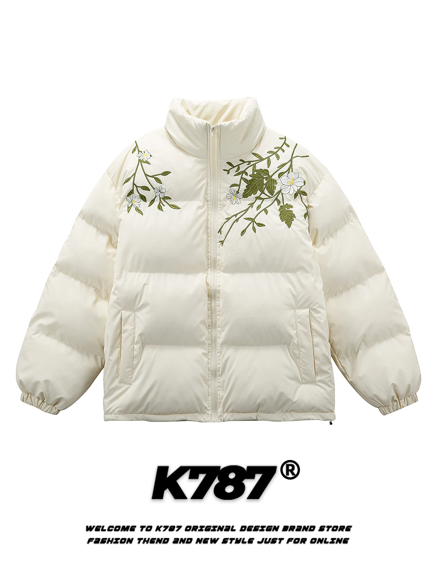 

K787 American Retro Floral Letter Embroidery Stand Collar Thiened Cotton Jaet for Couples Winter Warm Zipper Cotton Coat